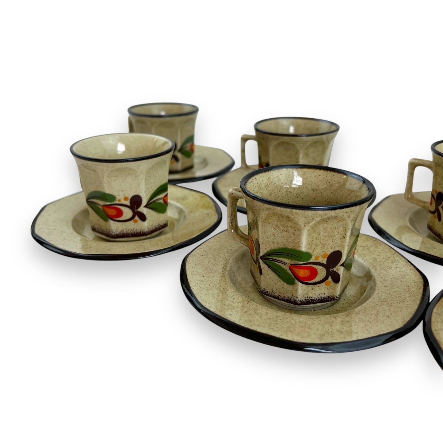 Italian Pottery Tea Set - 7 Cups and Saucers with Hand-Painted Fruit Design