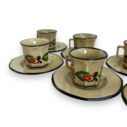 Italian Pottery Tea Set - 7 Cups and Saucers with Hand-Painted Fruit Design