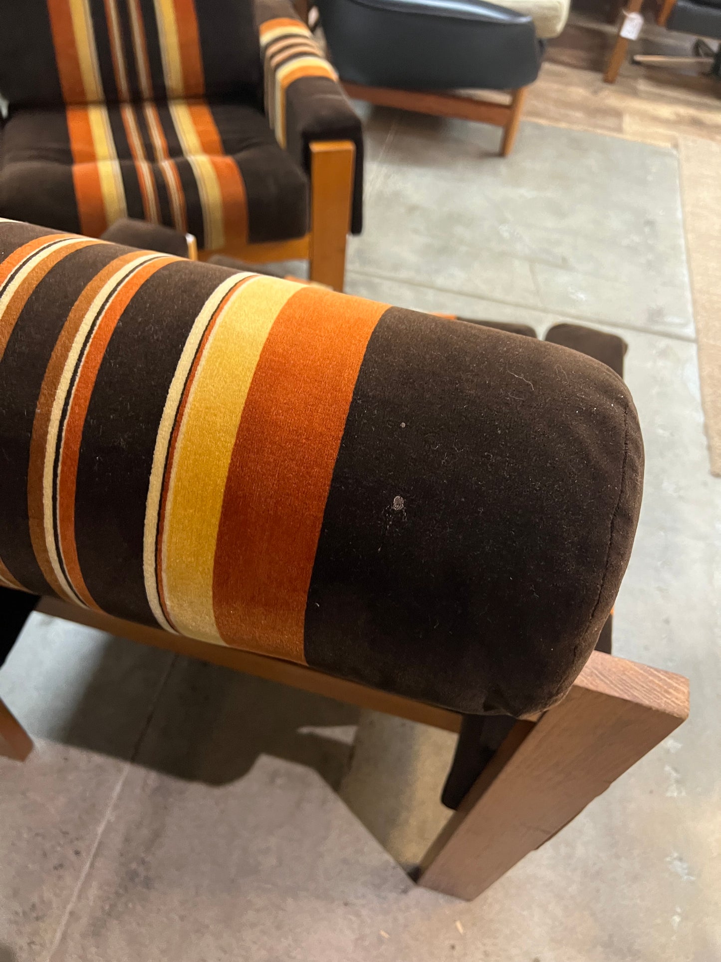 #1 Danish Deluxe Armchair – Original Brown, Orange & Gold Striped Upholstery