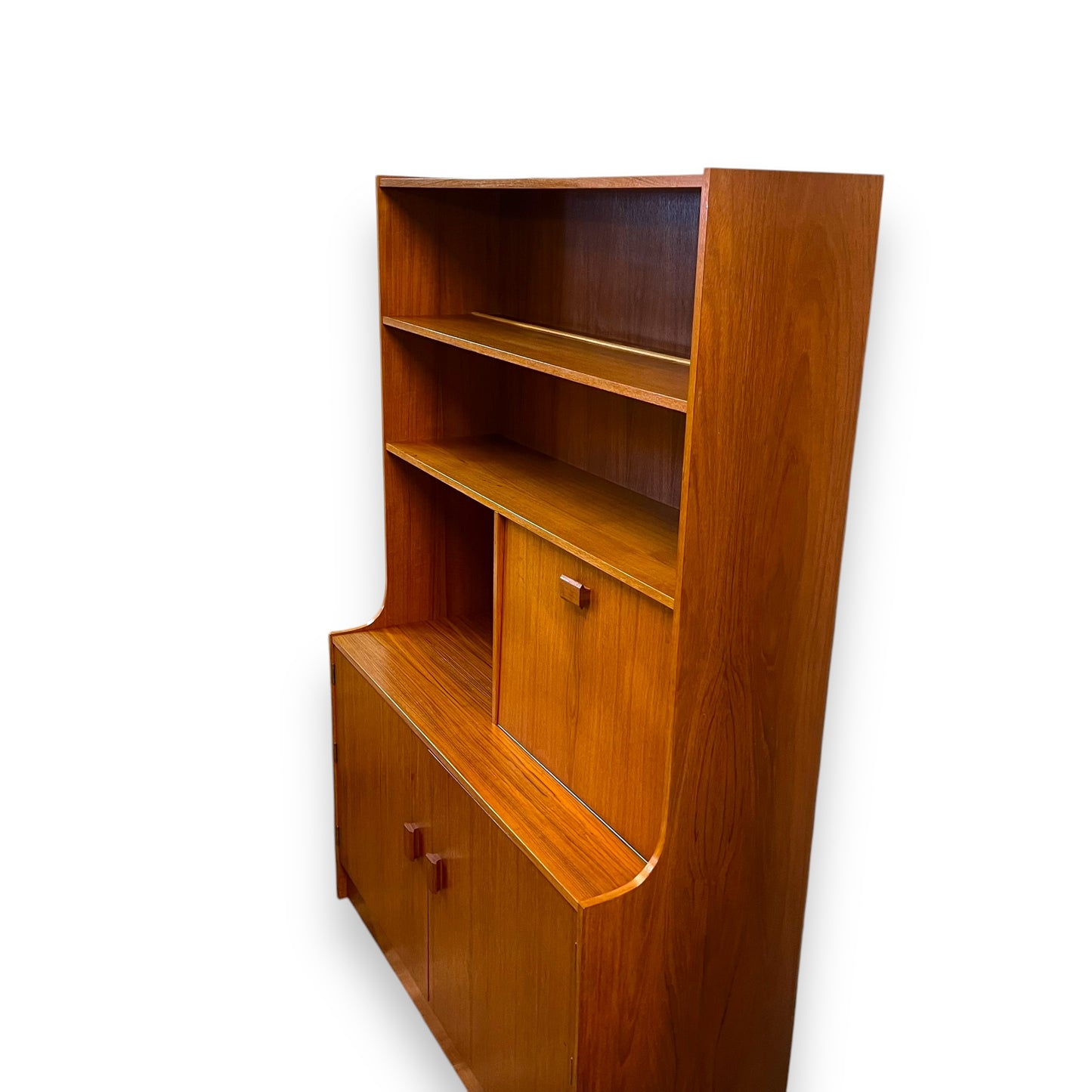 Mid-Century Teak Display Cabinet with pull down Bar section