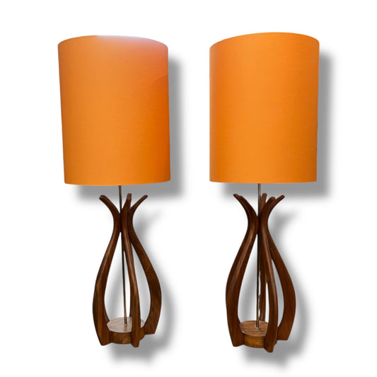 Pair of Mid-Century Teak Sculptural Lamps with Orange shades – Modeline