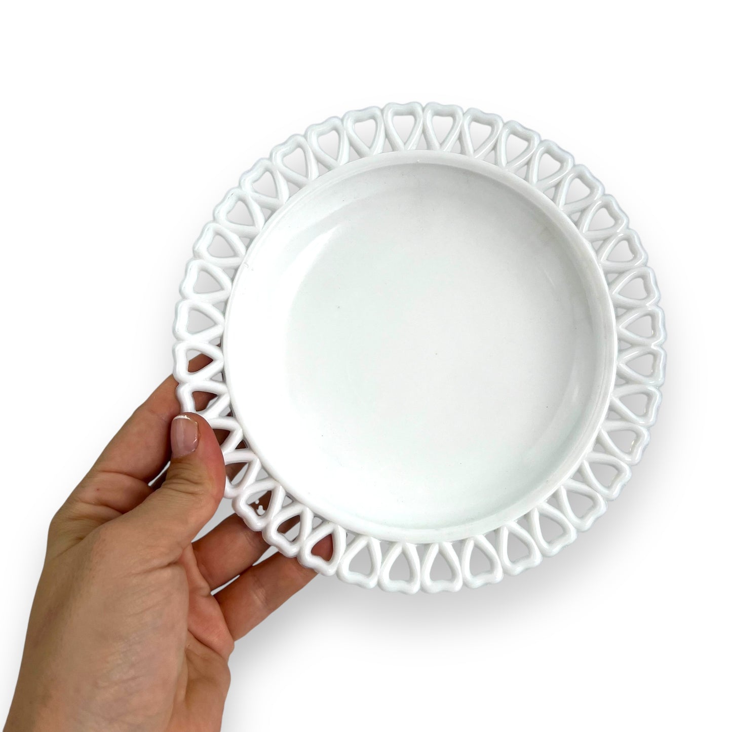 White glass plate love heart cutout edge