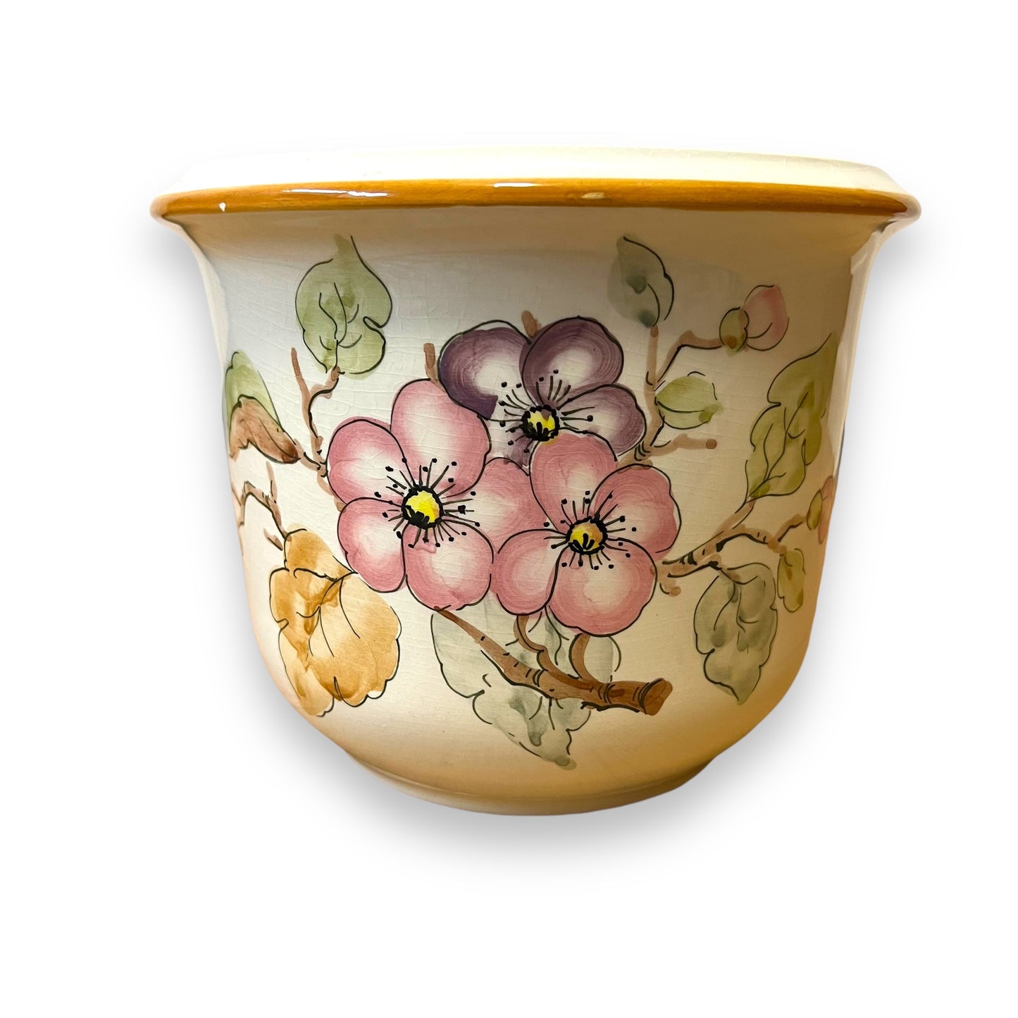 Italian Ceramic Plant Pot with Hand-Painted Floral Design - Made in Italy