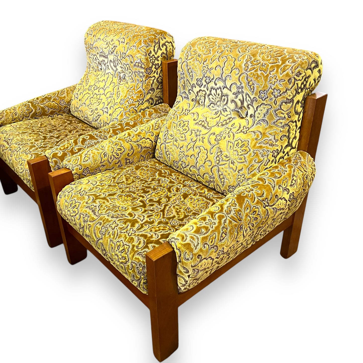 1970s Single Lounge Chair – Bold Gold Floral Velour & Solid Timber Frame
