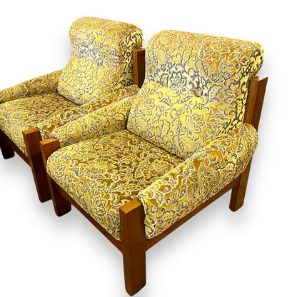 1970s Single Lounge Chair – Bold Gold Floral Velour & Solid Timber Frame