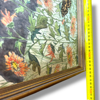 Large Framed Butterfly & Tree Artwork with Real Butterfly Wings — Signed M. Ginsberg, 1982