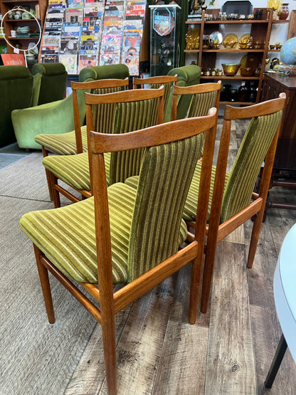 Set of 6 Vintage Burgess Dining Chairs | Mid Century Timber & Green Velvet