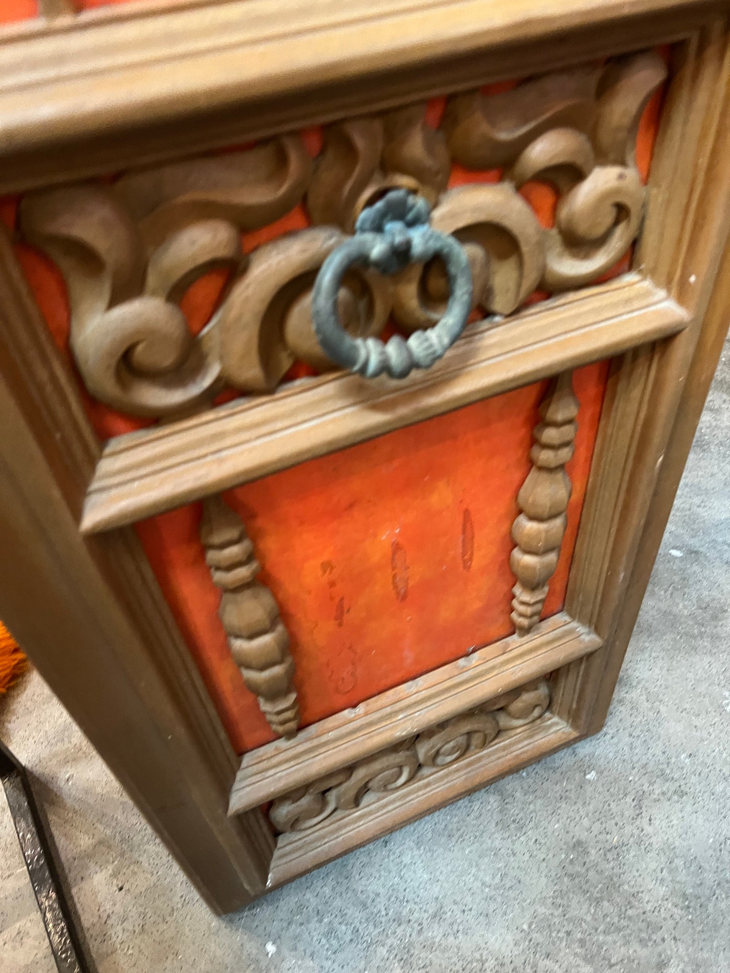 Pair of Vintage Orange Vinyl Bar Stools with Decorative Timber Backs