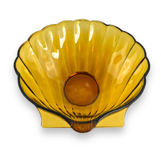 Large Amber Glass Shell Shape Serving Bowl