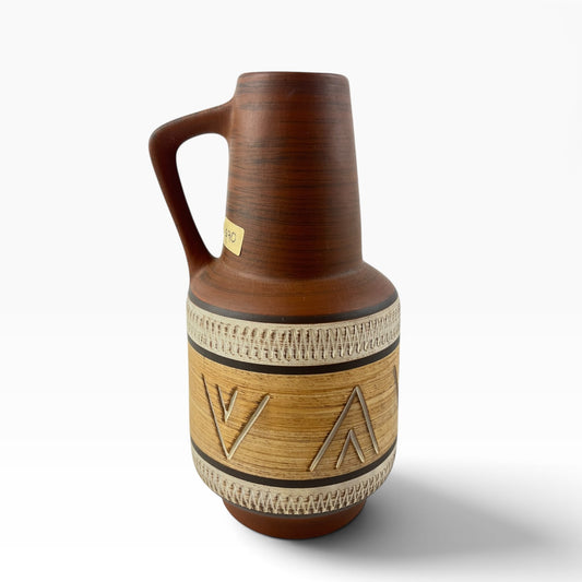 West German Pottery Vase – Brown Patterned with Handle 347/20