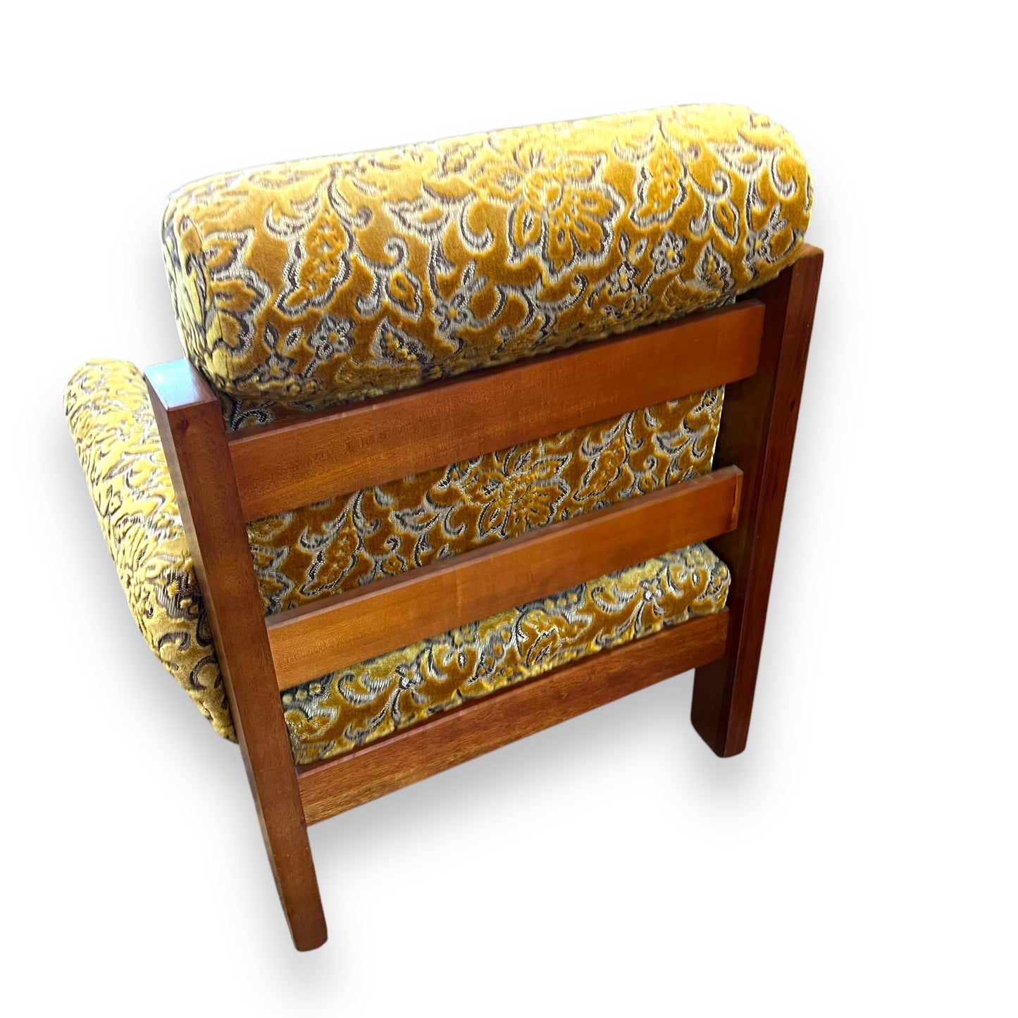1970s Single Lounge Chair – Bold Gold Floral Velour & Solid Timber Frame