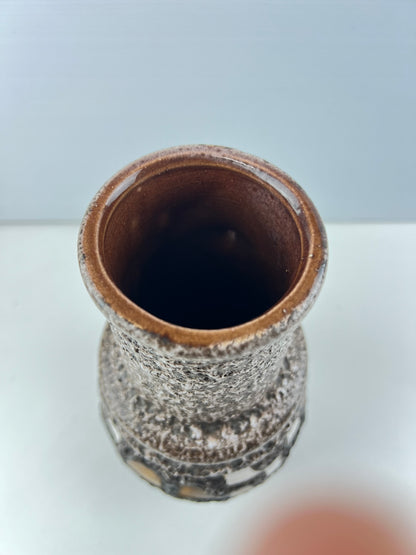 West German Pottery Lava Glaze Handled Vase – Brown, White & Ochre
