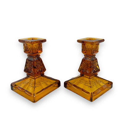 Amber glass candlestick holder set of 2