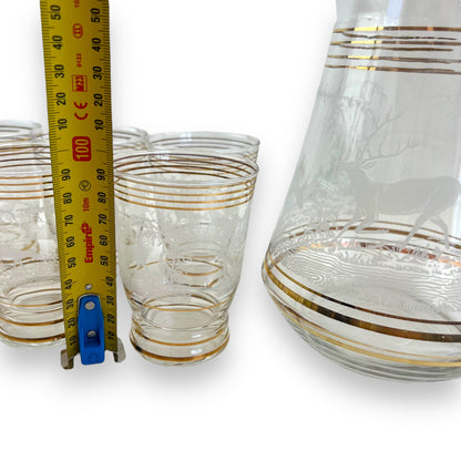 Glass Jug & 6 Cups with gold bands and etched deer/elk pattern