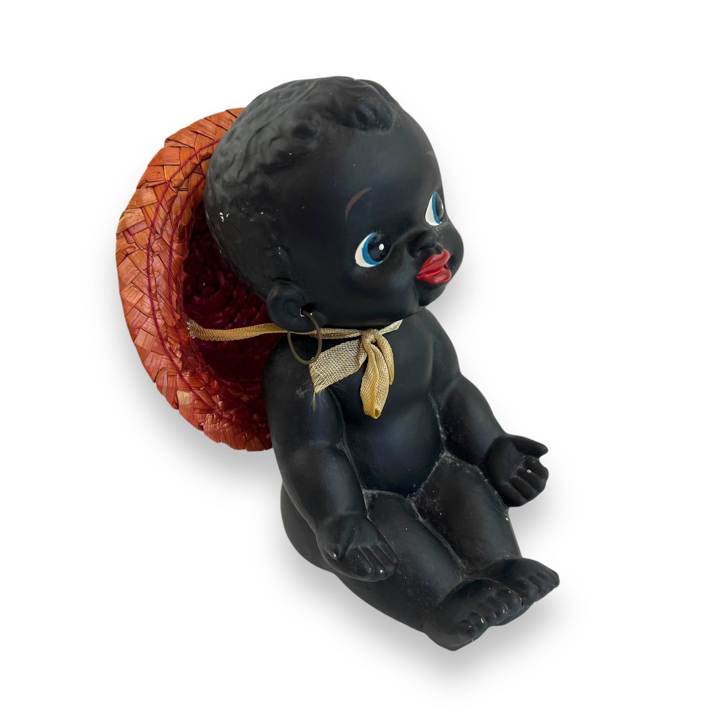 Black Ceramic Kewpie Doll with Straw Hat & Earrings - Made in Japan