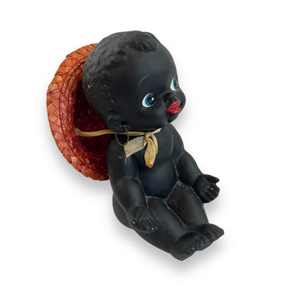 Black Ceramic Kewpie Doll with Straw Hat & Earrings - Made in Japan