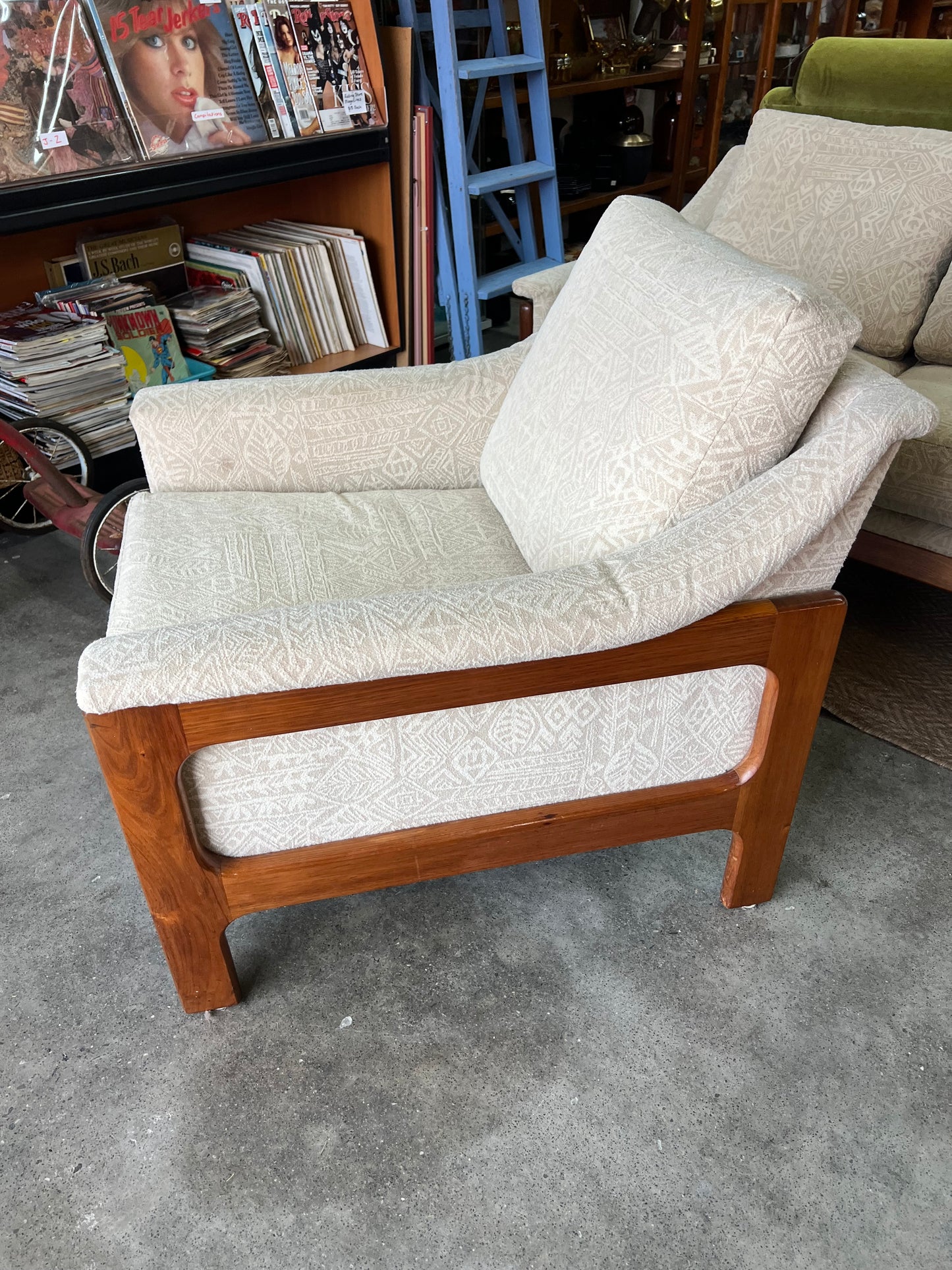 1. Danish Deluxe Single Lounge Chair Cream Patterned Upholstery
