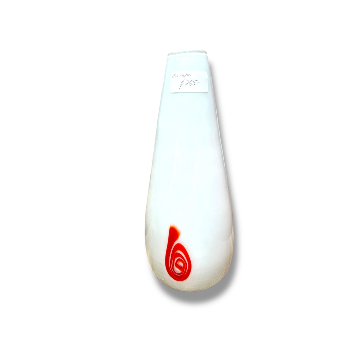 Italian art glass vase in glossy opaque white with a striking reddish-orange spiral accent