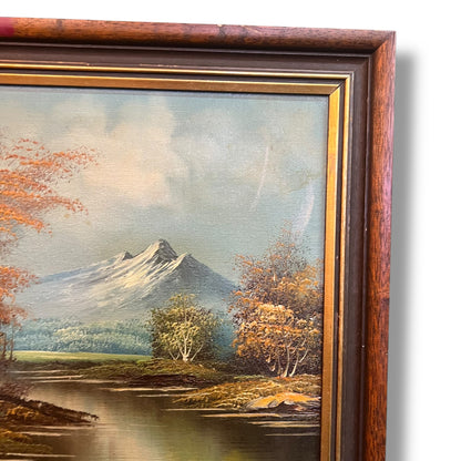 Autumn Forest by the Lake with Snow-Capped Mountains – Signed Reproduction by R. Pakins