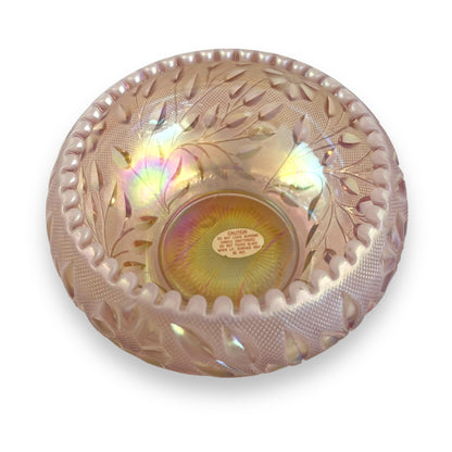 Fenton Pink Iridescent Glass Bowl - Ombré Floral & Leaf Design with Button Edge