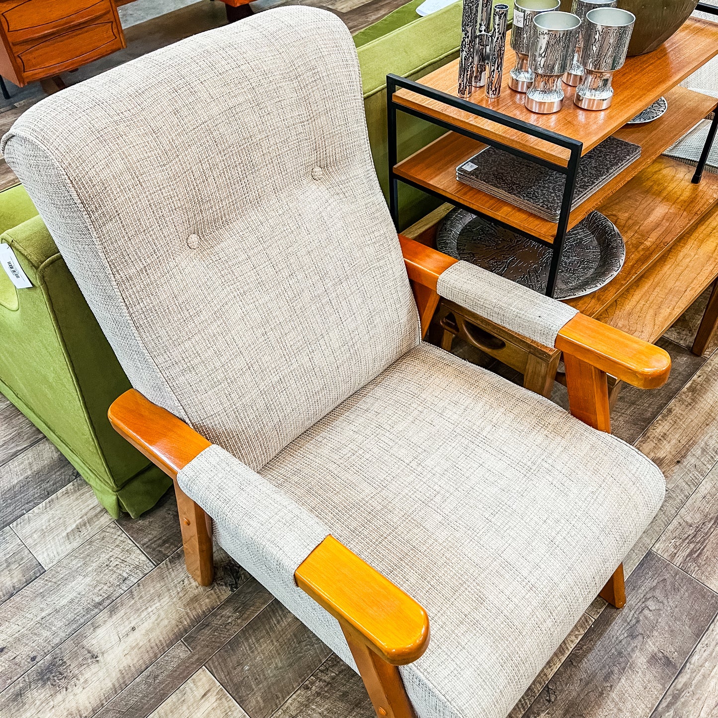 Mid-Century Armchair – Timber Frame with light grey and white woven Upholstery