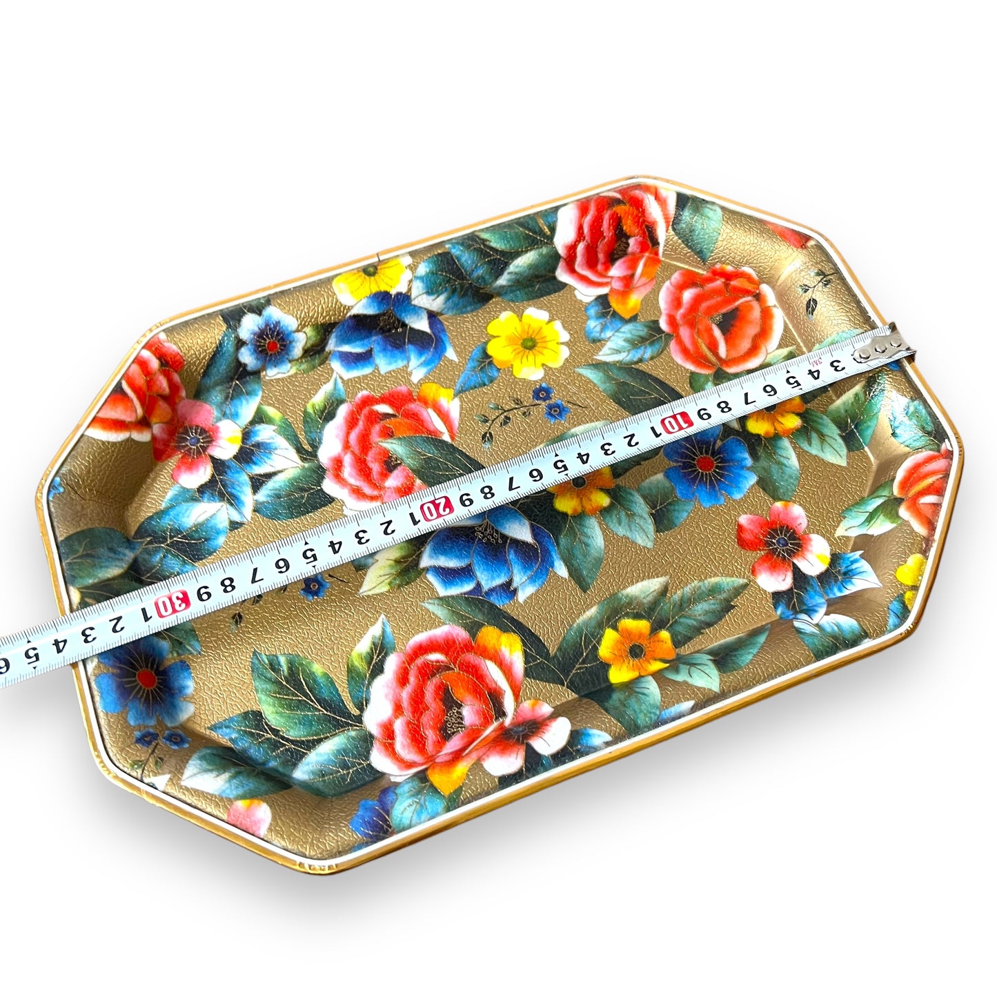 Floral Gold-Toned Metal Serving Tray - Vibrant Flower Pattern, Octagonal Shape