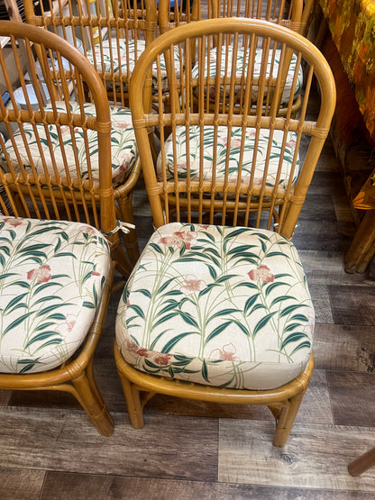 Set of 6 Vintage Bamboo & Rattan Dining Chairs with Floral Cushions