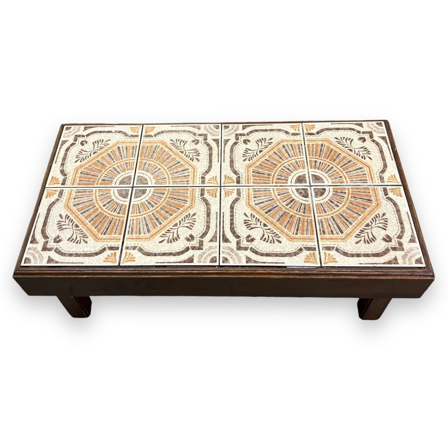 Large tile coffee table orange and brown retro pattern tiles wooden frame