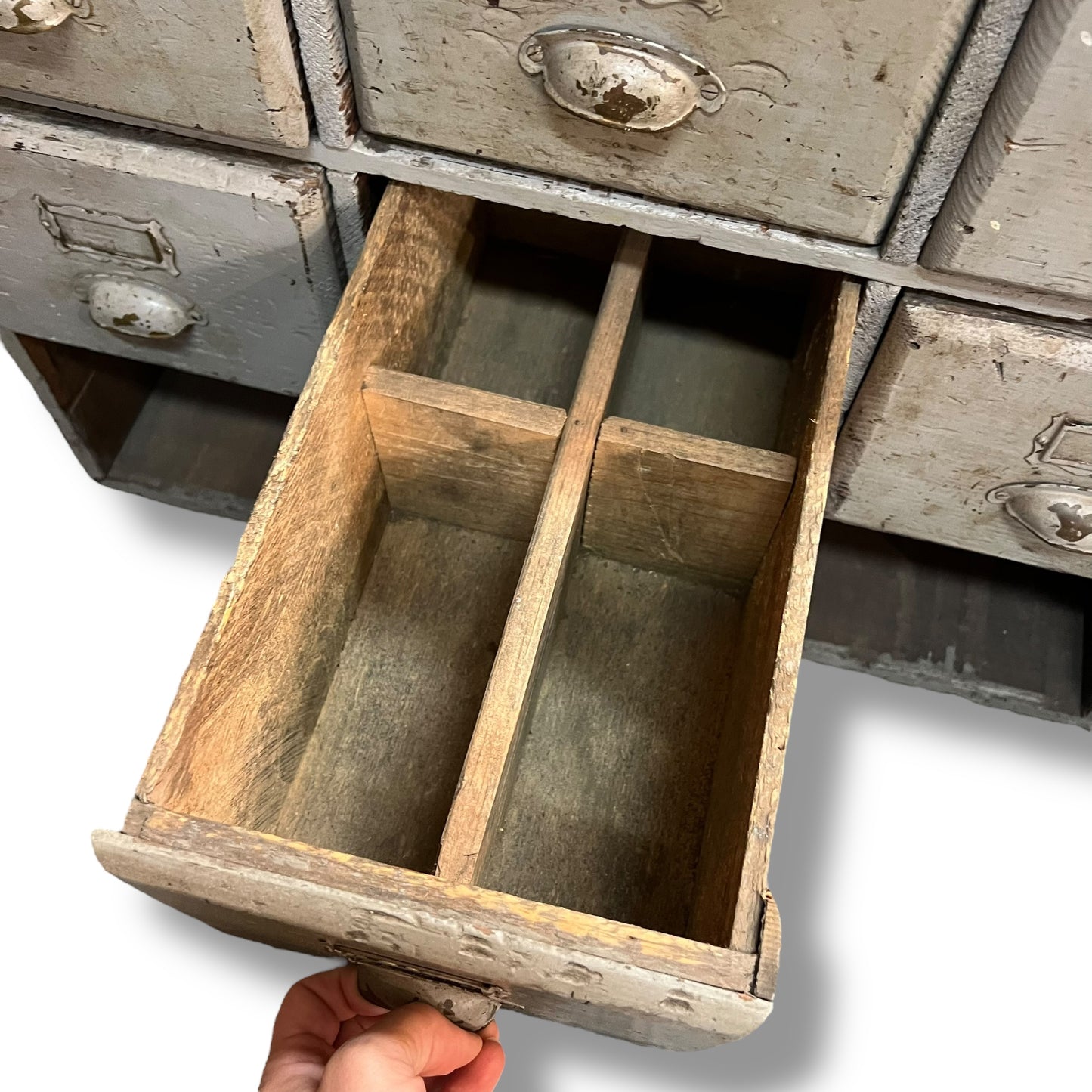 Vintage Industrial 8-Drawer Timber Storage Unit with Bottom Cubbies