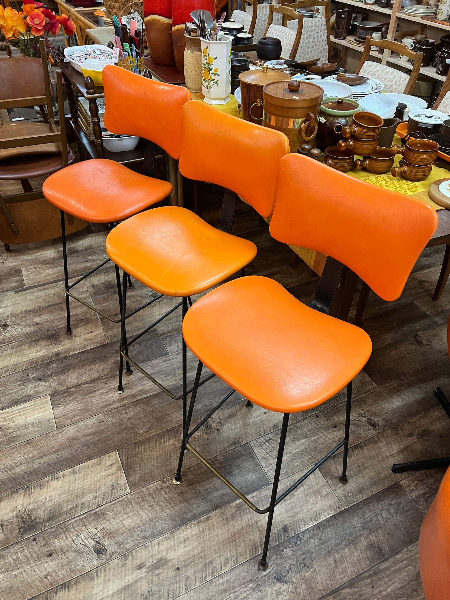 Orange Vinyl Bar Stools – Set of 3