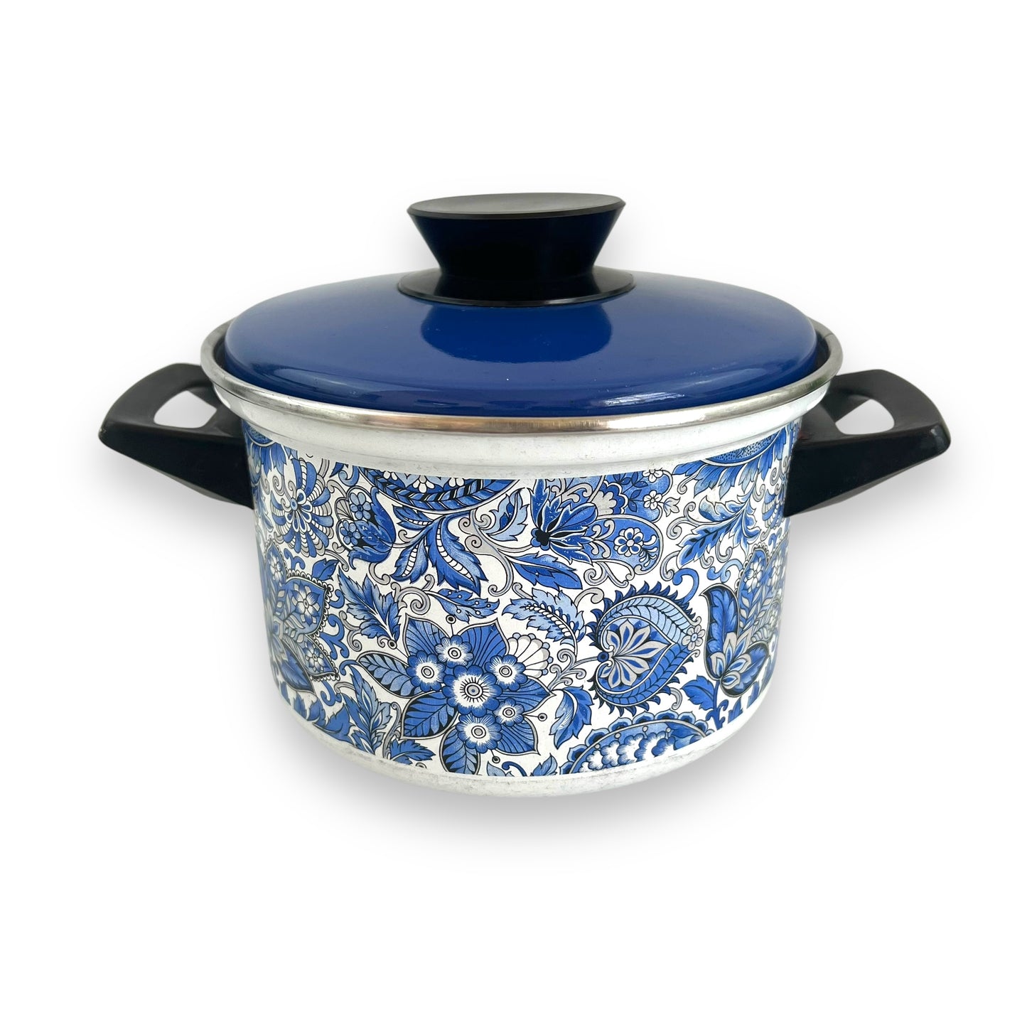 Blue Enamel Pot with Lid, 1970s Fancipan Enamelware, Royal Blue Paisley Pattern, Made in France