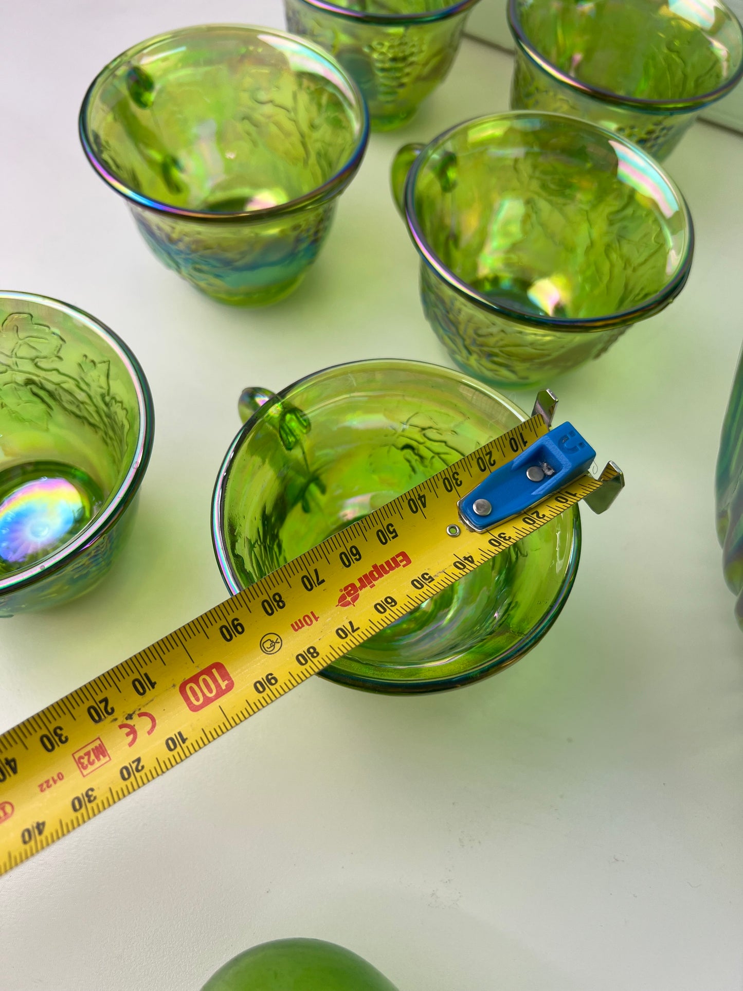 Green Carnival Glass Punch Bowl Set – 12 Cups, Ladle & Hooks