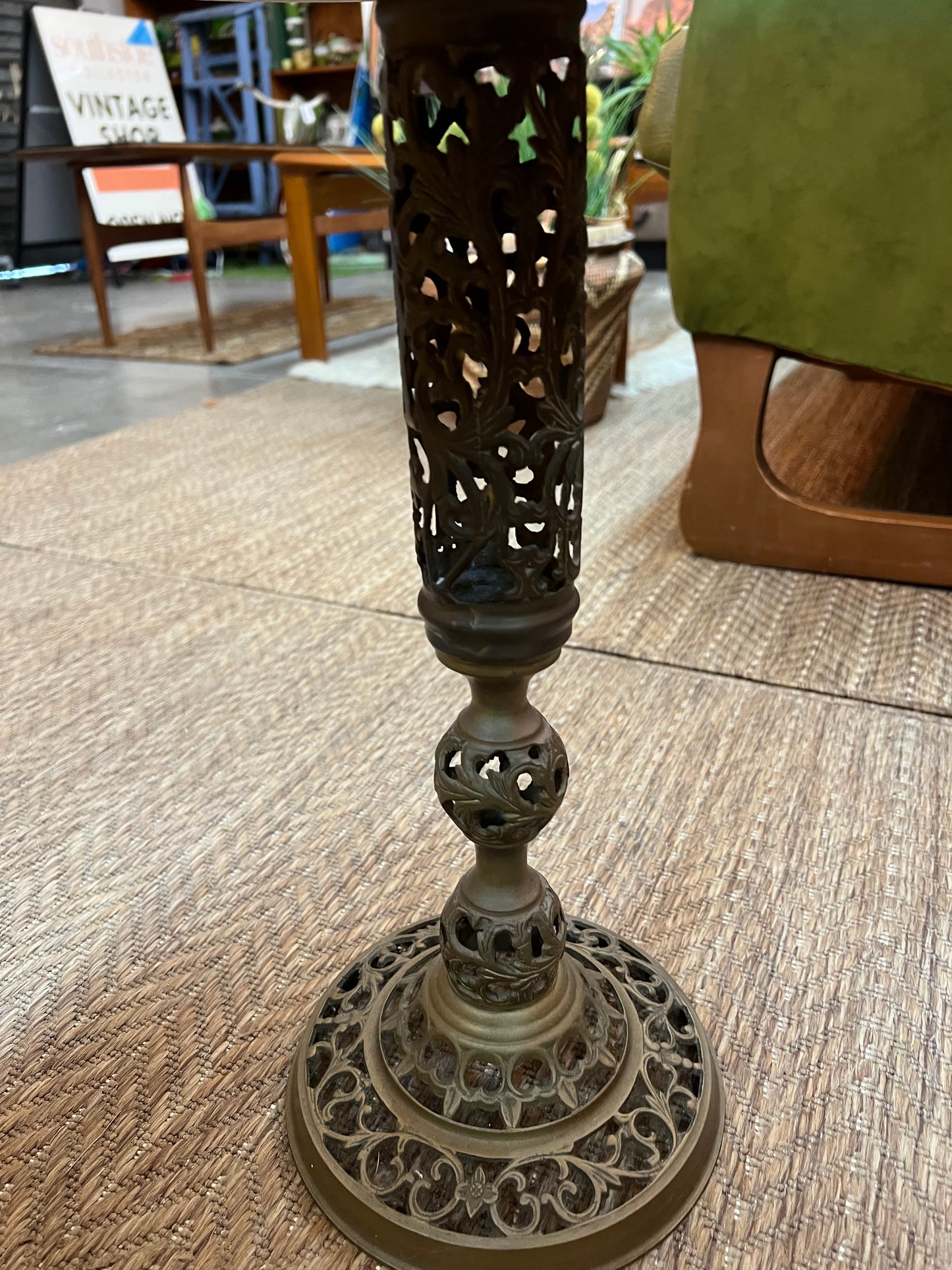 Marble Top Side Table with Ornate Metal Pedestal Base