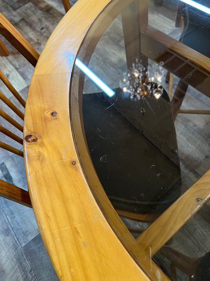 Wooden Round Glass Top Dining Table & 4 Chairs with brown velvet cushions