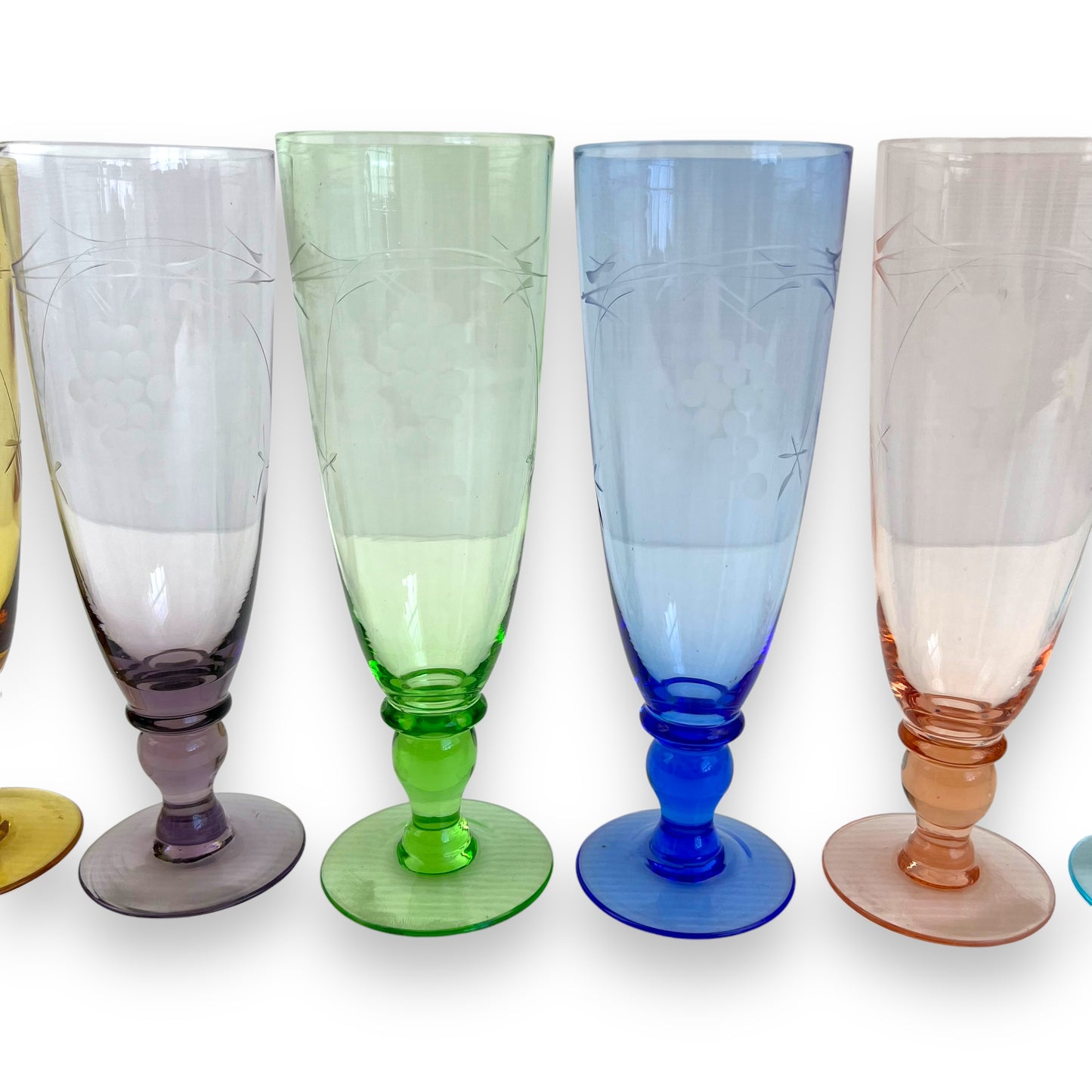 Set of 6 Vintage Etched Glasses – Multicoloured Grape Motif – Wine or Champagne