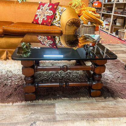 Solid Timber & Smoked Glass Coffee Table – Chunky Sculptural Base