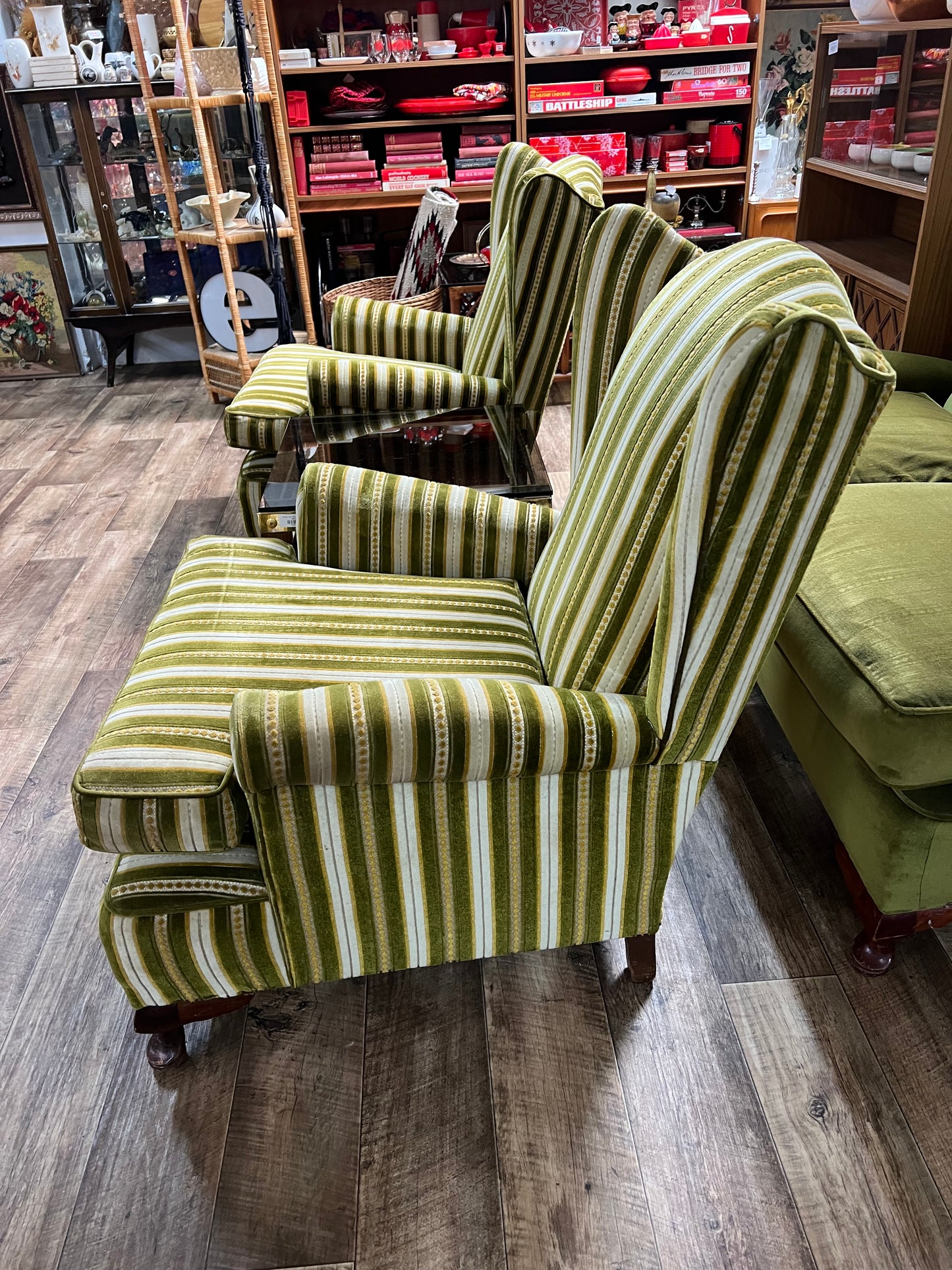 1. Vintage Green Striped Wingback Armchair