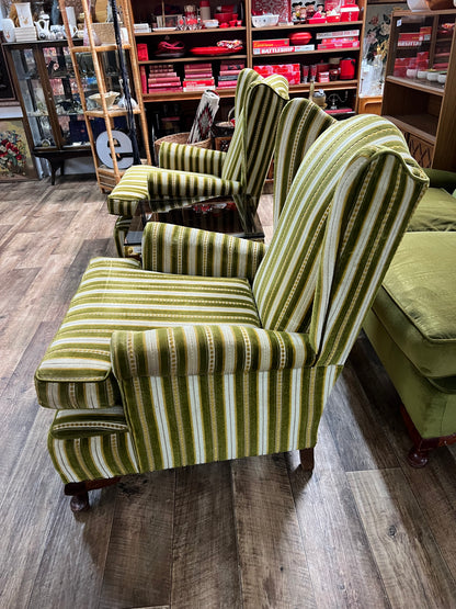 1. Vintage Green Striped Wingback Armchair