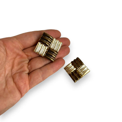 Bronze & Gold Check Pattern Clip On Earrings - Made in West Germany