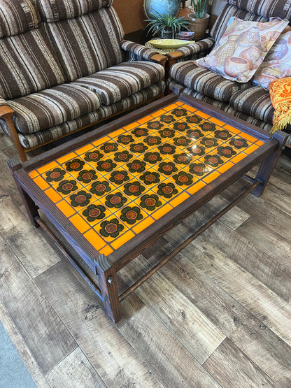 Retro Tile-Top Coffee Table – Orange & Brown Floral Ceramic Tiles