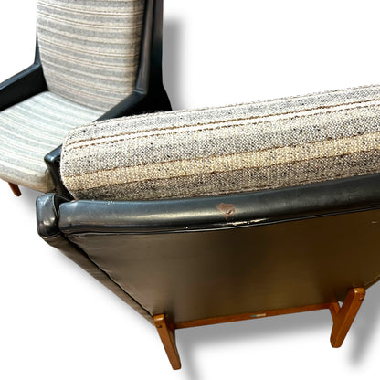 Fler ‘Flerclub’ High Back Armchair – Mid-Century Modern, Vinyl & Striped Fabric, Teak Base
