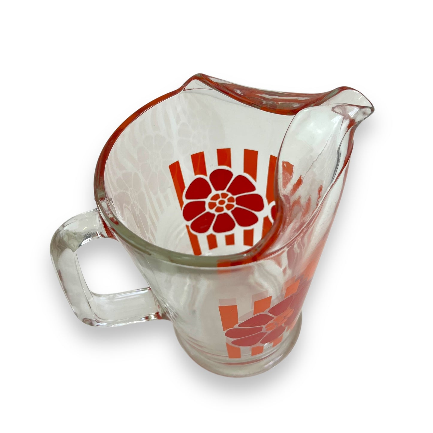 Glass Jug with Orange Stripes & Red Flower Decal – Retro 1970s Pitcher