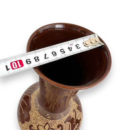 Large brown flower etched vase