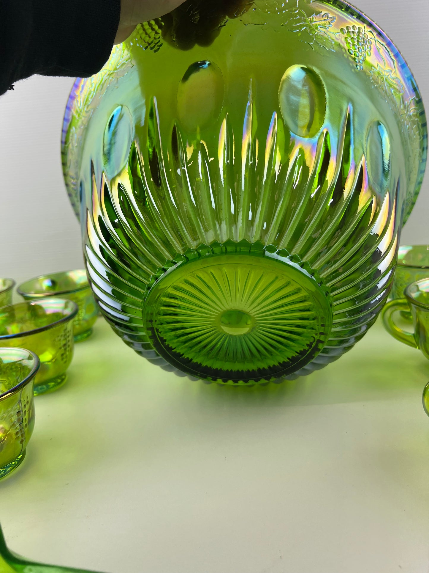 Green Carnival Glass Punch Bowl Set – 12 Cups, Ladle & Hooks