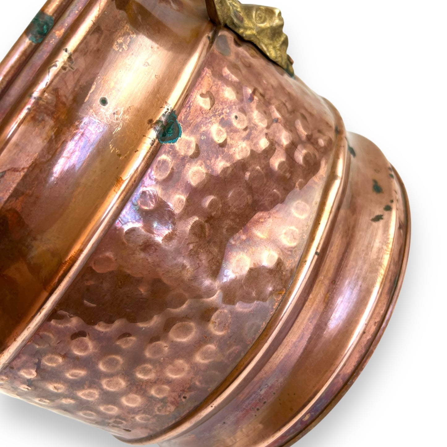 Large Vintage Hammered Copper Pot with Brass Lion head Handles