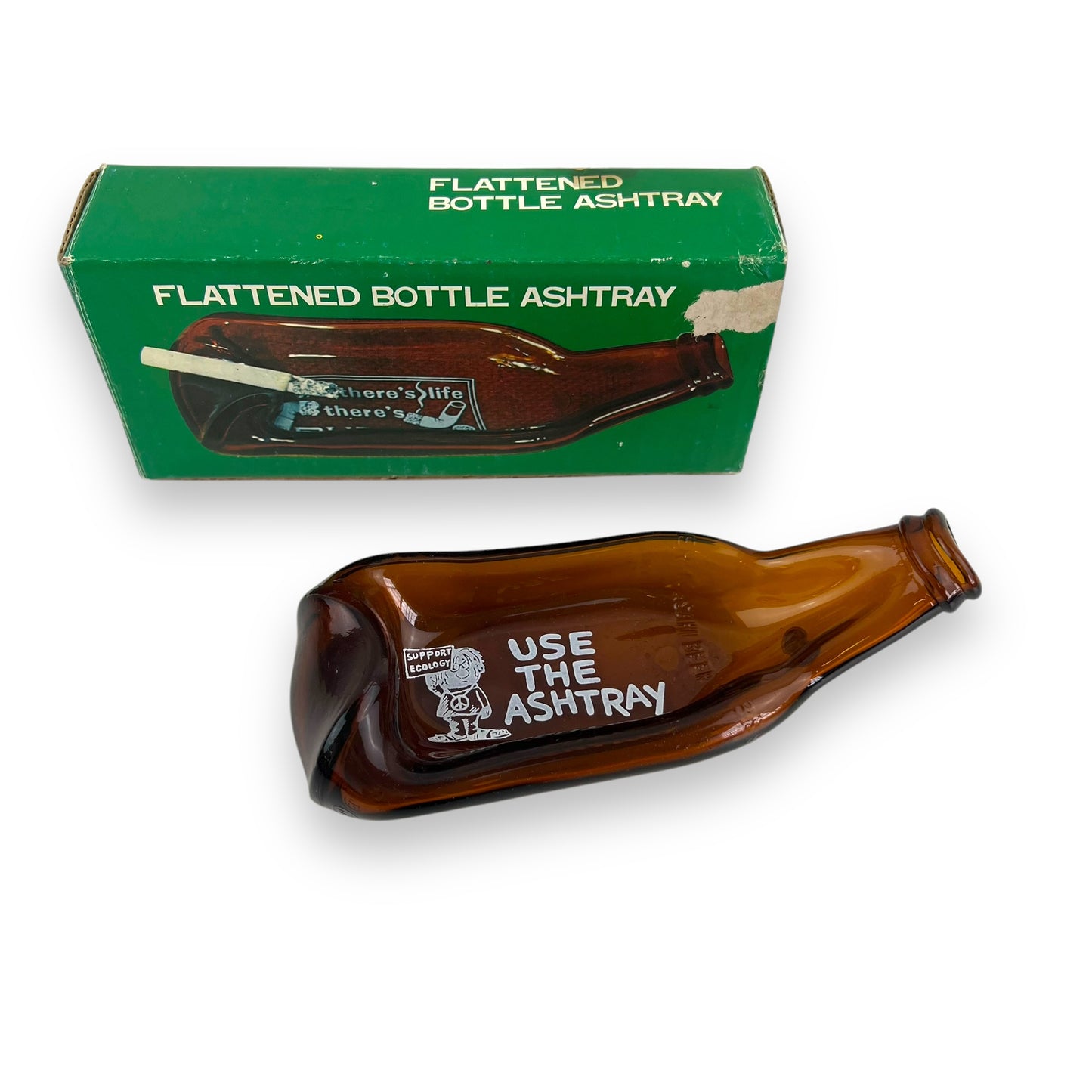 Flattened Bottle Ashtray – 1970s Brown Glass with Original Box