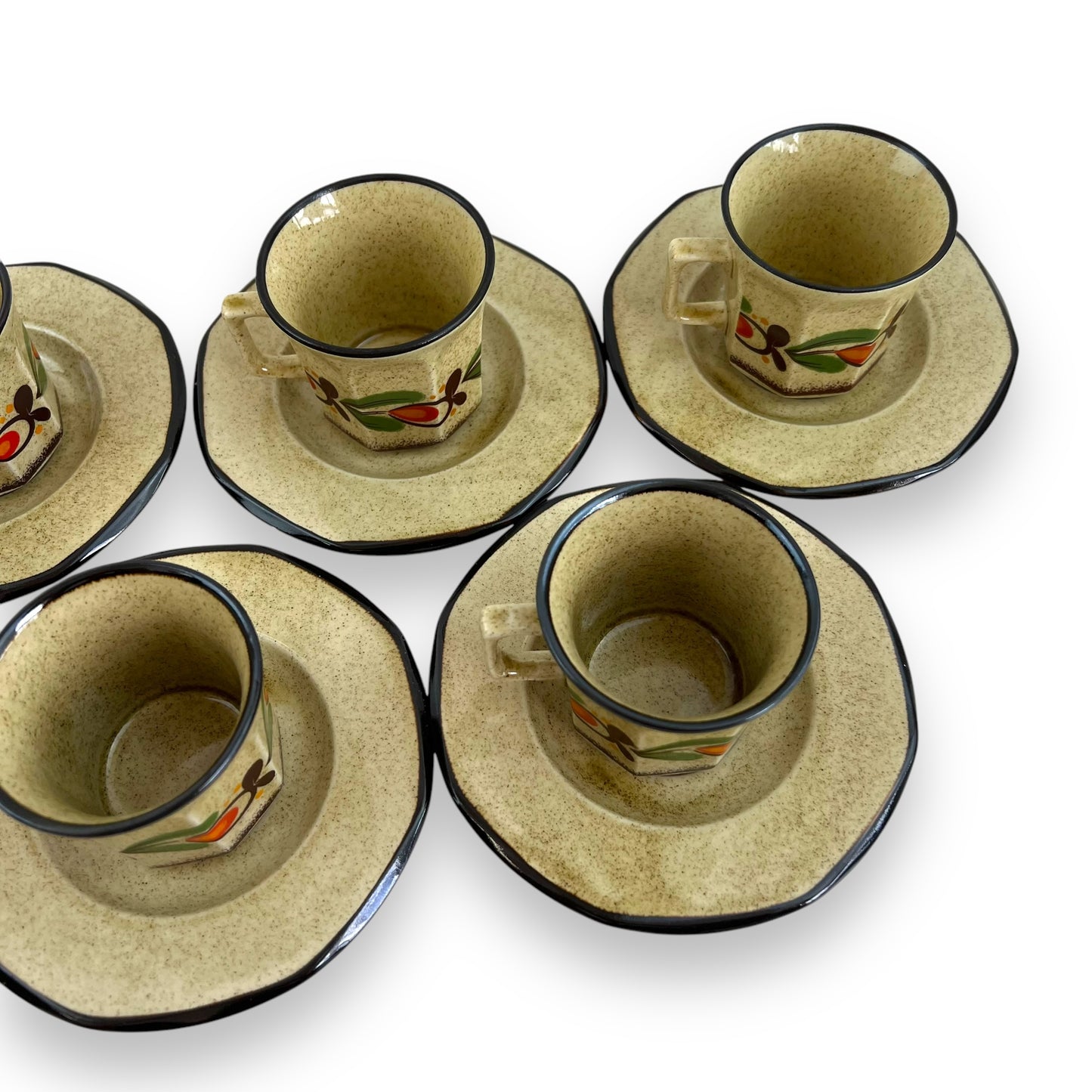 Italian Pottery Tea Set - 7 Cups and Saucers with Hand-Painted Fruit Design