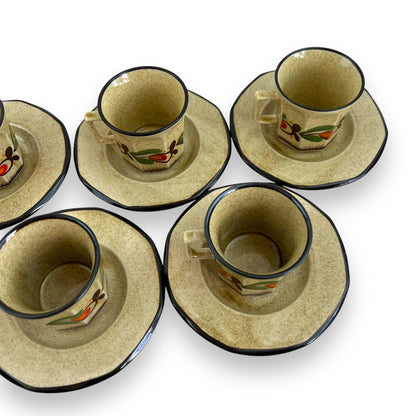 Italian Pottery Tea Set - 7 Cups and Saucers with Hand-Painted Fruit Design