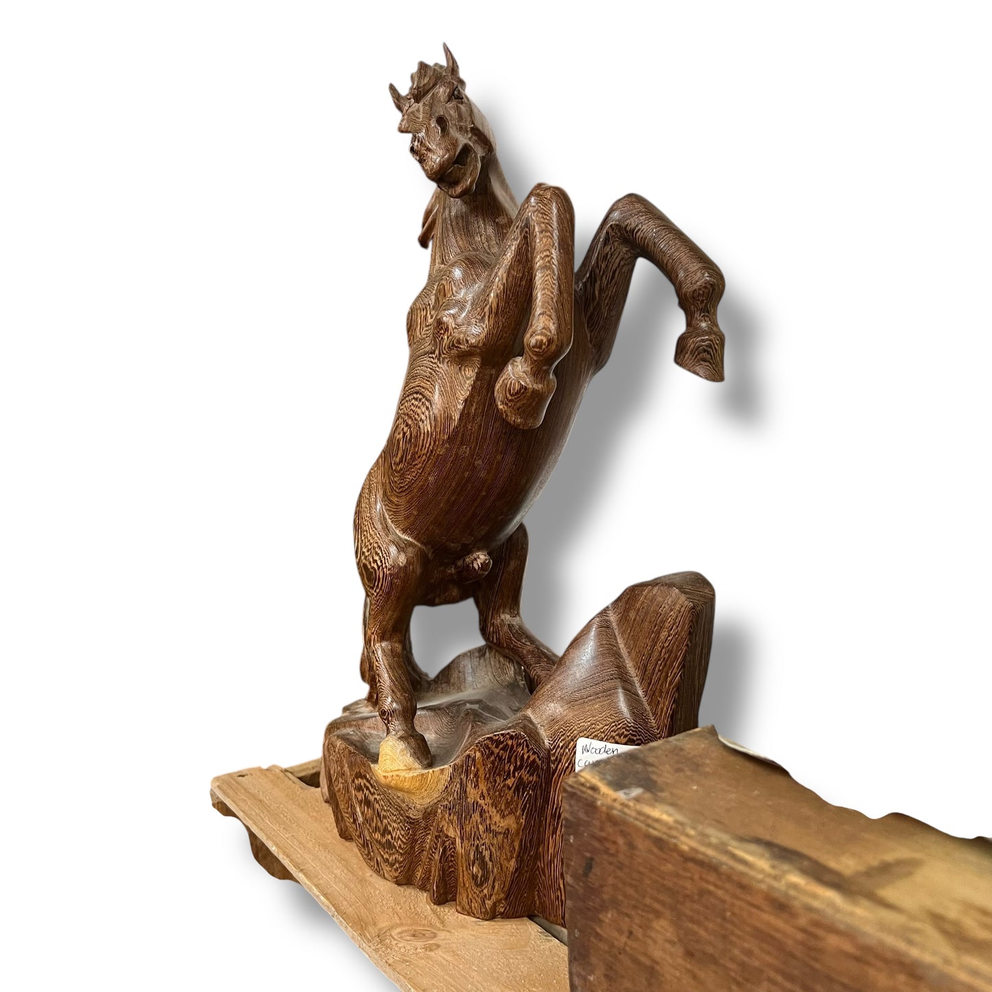 Large Hand-Carved Wooden Rearing Horse Sculpture