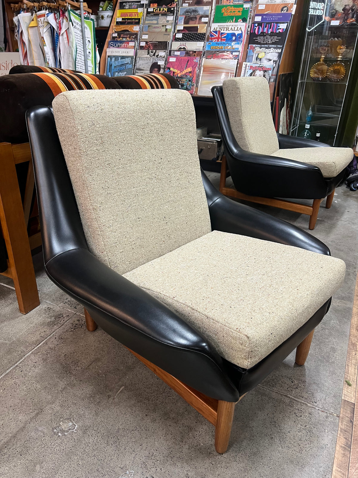 #1 Danish Deluxe Armchair – Black Vinyl & Cream Upholstery